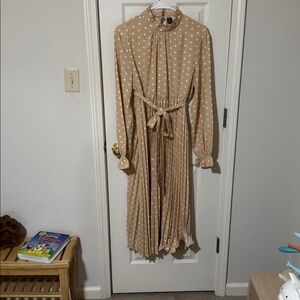 Shein Tan Polka Dot Pleated Midi Dress Tie Waist Size XL